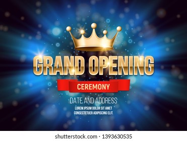 Grand opening banner with crown on a bright background. Ceremony presentation. Vector illustration.