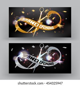 Grand opening banner with curled cut gold and silver ribbons and confetti. Vector illustration