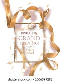 Grand opening banner with curly gold ribbon, scissors and golden frame. Vector illustration