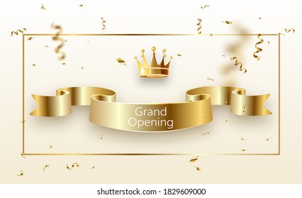 Grand Opening Banner With Curly Gold Ribbon Golden Frame. Vector Illustration