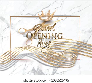 Grand opening banner with curly ribbon,  scissors and marble background. Vector illustration