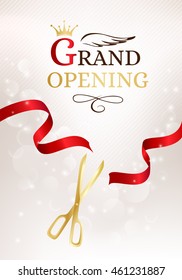 Grand opening banner with cut red ribbon and gold scissors. Vector background with light effect