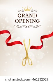 Grand opening banner with cut red ribbon and gold scissors. Vector background with light effect