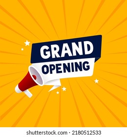 Grand opening banner design with megaphone. Vector illustration on white background.