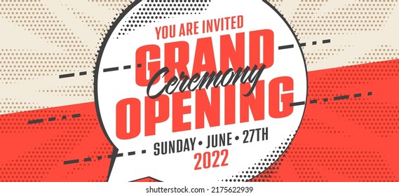 Grand opening banner design template. Ceremony event to business startup celebration. invitation on party in pop art retro style vector illustration