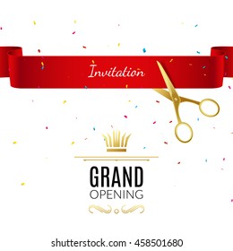 Grand Opening banner design template with ribbon and scissors. Start-up open ceremony business decoration