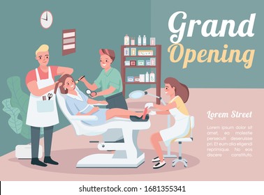 Grand opening banner flat vector template. Brochure, poster concept design with cartoon characters. Hairstylist visit. Make up artist. Beauty salon horizontal flyer, leaflet with place for text