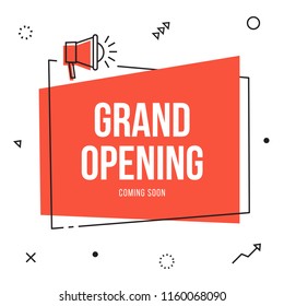 Grand Opening Banner Flyer Template With Megaphone; Event, Store, Sale Vector Thin Line Style Announcement. Marketing Business Concept With Bullhorn. Grand Opening Advertising  Poster. Celebration Now