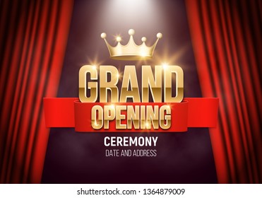 Grand opening. Banner with gold crown and red curtain illuminated by spotlights. Ceremony presentation. Vector illustration.