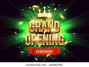 Grand opening. Banner with gold crown and confetti. Ceremony presentation. Vector illustration.