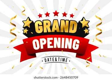 Grand Opening Banner with Golden Stars, Red Ribbon, Gold Ribbon and Confetti. Vector Illustration