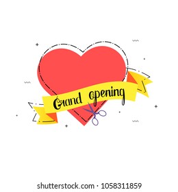 Grand opening banner with heart badge isolated on white background. Vector illustration.