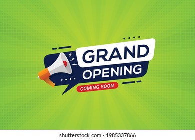 Grand opening banner invitation with megaphone speaker opening celebration announcement vector illustration