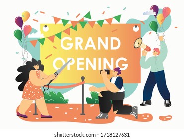 Grand opening banner, photographer taking photo of woman cutting red ribbon with big scissors, vector flat illustration. New project, grand opening ceremony presentation event concept.