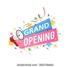 Grand opening banner. Promo flyer with megaphone, ribbons and confetti, big official open ceremony new beginning and startup sticker realistic colorful vector illustration isolated on white background