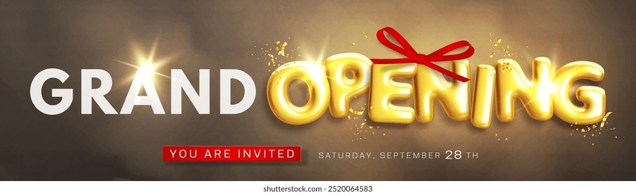 Grand opening banner with realistic glossy 3d text and decorative red bow on dark smoky background. Opening ceremony. Promotional design template for web banner, poster, flyer. Vector ad illustration