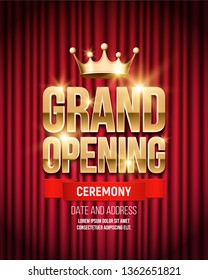 Grand opening banner with red curtain. Ceremony presentation. Vector illustration.