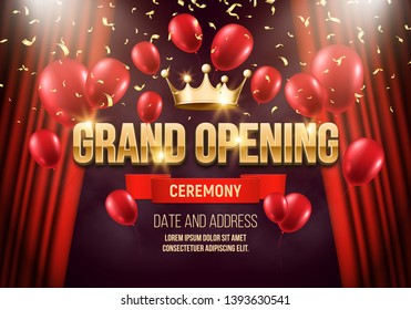 Grand opening banner with red curtain illuminated by spotlights. Ceremony presentation with balloons and falling gold confetti. Vector illustration.