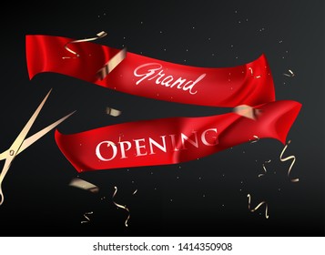 Grand opening banner with red cut ribbons and golden confetti. Vector illustration