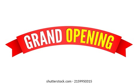 Grand opening banner. Red ribbon. Tag. Label. Vector illustration.