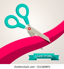 Grand Opening Banner. Retro Flat Design Vector Illustration with Scissors and Ribbon.