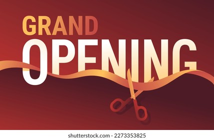 Grand Opening banner - Ribbon cutting ceremony. Scissors, red wavy ribbon and text - poster template