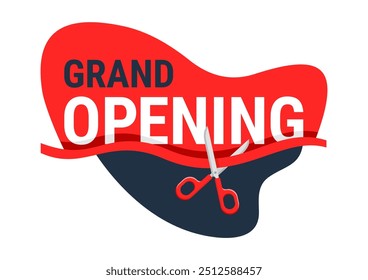 Grand Opening banner - Ribbon cutting ceremony. Scissors, red wavy ribbon and text - vector poster template