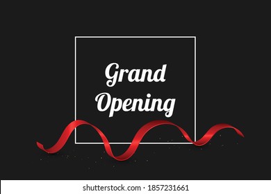 Grand Opening Banner With Ribbon And Golden Confetti. Vector