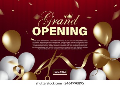 Grand Opening Banner mit Bandschere Elemente, Luftballons und dunkelrotem Hintergrund.