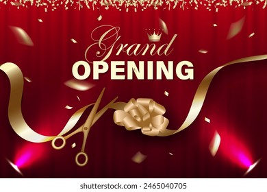 Grand Opening banner with ribbon scissors elements, balloons and dark red background.