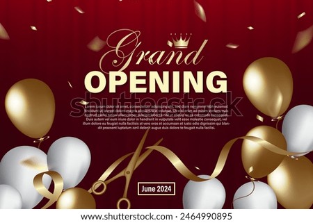Grand Opening banner with ribbon scissors elements, balloons and dark red background.