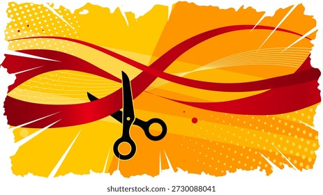Gran Anuncio de apertura con tijeras cortando cinta roja y espacio de copia, Ilustración vectorial de concepto de celebración. Fondo de semitono naranja