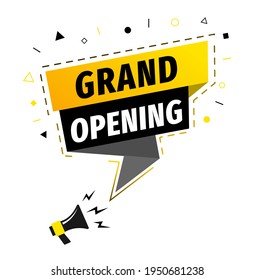 Grand opening banner template. Advertising design for social network. Template for retail promotion and announcement. Online shopping and marketing flyer with megaphone. Vector illustration eps 10
