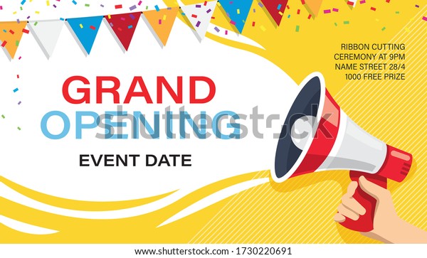 Grand opening banner template. Advertising design\
for social network vector illustration. Template for retail\
promotion and announcement. Online shopping and marketing flyer\
with megaphone in hand