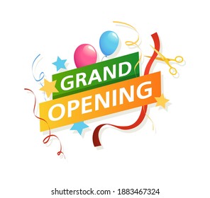 Grand opening banner. Vector promo flyer with scissors, ribbons and balloons, big official opening ceremony new beginning and startup sticker with text, realistic colorful vector isolated illustration