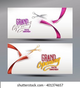 Grand Opening banners with abstract red and pink ribbon  and scissors