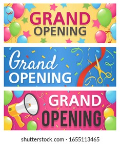 Grand opening banners. Announcement opened store, celebration ceremony, invitation promo with megaphone advertising startup flyers vector template
