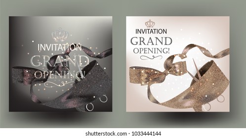 Grand opening banners with beige curly silk ribbons. Vector illustration