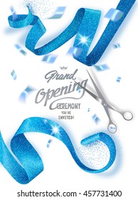 Grand opening banners with curled blue sparkling ribbons and confetti. Vector illustration