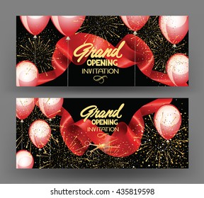 Grand opening banners with curled cut ribbon,fireworks and air balloons. Vector illustration