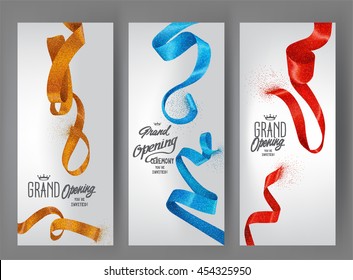 Grand opening banners with curled sparkling ribbons