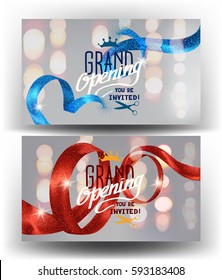 Grand opening banners with curly sparkling ribbons and defocused lights. Vector illustration