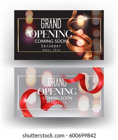Grand opening banners with curly sparkling ribbons, frames and blurred background. Vector illustration