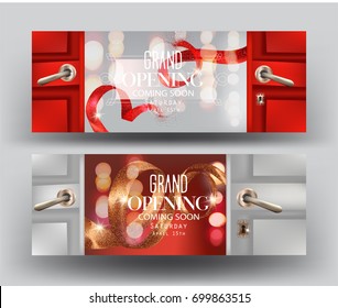 Grand opening banners with curly sparkling ribbons, opened doors and blurred background. Vector illustration