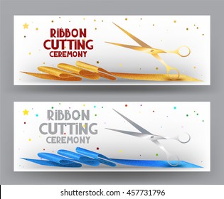 Grand Opening  banners with  gold and blue sparkling ribbons and scissors. Vector illustration