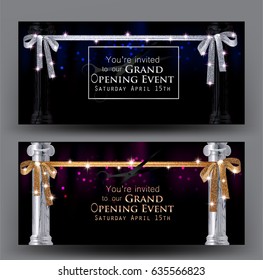 Grand opening banners with gold curtain, marble columns and long sparkling ribbons. Vector illustration