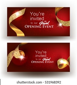 Grand opening banners with gold ribbons. Vector illustration