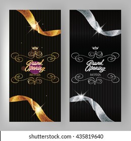 Grand opening banners with gold and silver sparkling ribbons. Vector illustration
