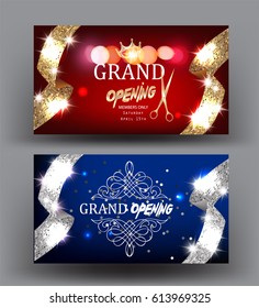 GRAND OPENING BANNERS WITH GOLD AND SILVER TEXTURED RIBBONS. VECTOR ILLUSTRATION