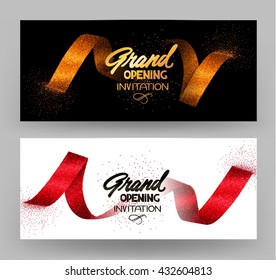 Grand opening banners with gold sparkling ribbons. Vector illustration